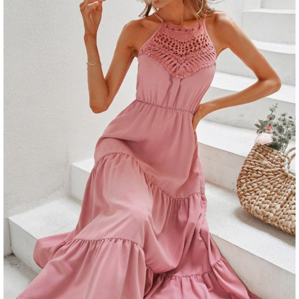 Toperth Bohemian Pink Sleeveless Ruffle Dress